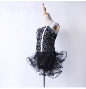 Black tulle sequin strap backless girls performance modern dance competition profesional  leotard latin dance dresses